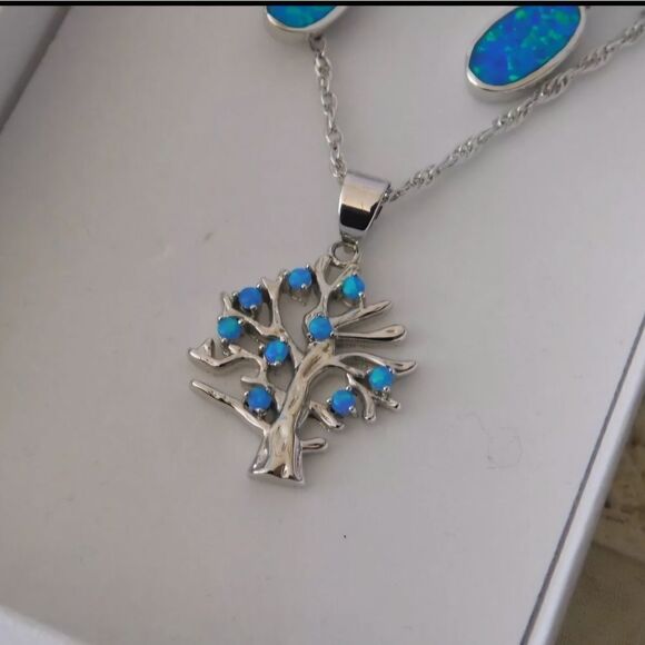 Tree of Life Sterling Silver Opal Pendant Necklace and Earrings Set 925 NWOT - Picture 3 of 9
